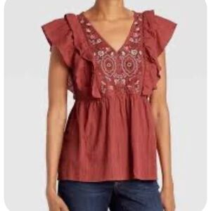 Knox Rose Womens Red Floral Ruffle Embroidered Blouse